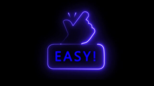 Easy Concept Icon with Glowing Cyan Neon Lines: Finger Snap Hand Gesture and Easy Word Button Symbol, Simple Solution, Abstract Marketing Promotion Graphic on Black Background..