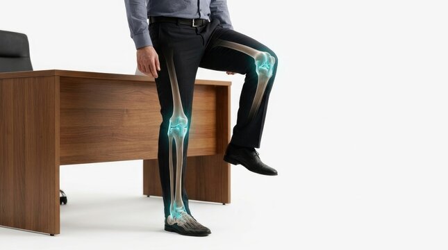 Man with glowing knee joints at office desk