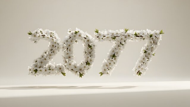 The year 2077 written with beautiful white spring flowers on a neutral background.
