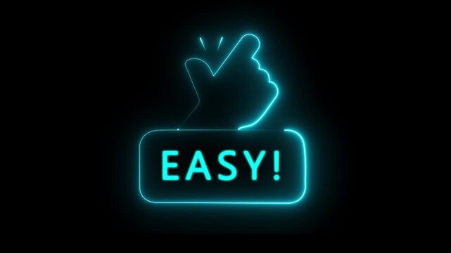 Easy Concept Icon with Glowing Cyan Neon Lines: Finger Snap Hand Gesture and Easy Word Button Symbol, Simple Solution, Abstract Marketing Promotion Graphic on Black Background..