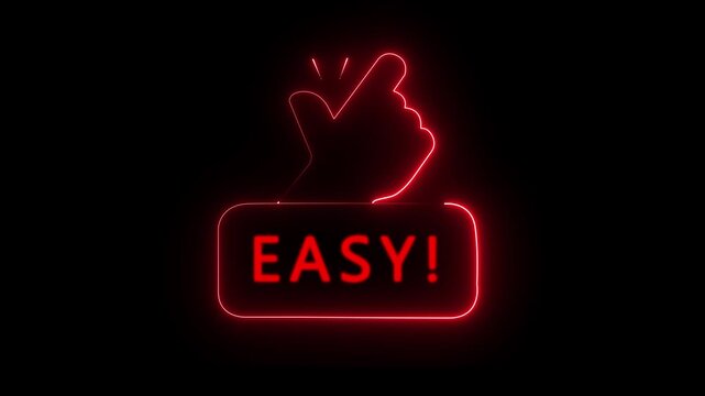 Easy Concept Icon with Glowing Cyan Neon Lines: Finger Snap Hand Gesture and Easy Word Button Symbol, Simple Solution, Abstract Marketing Promotion Graphic on Black Background..