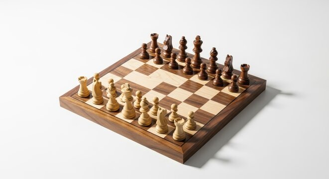 Classic wooden chess set on light background.