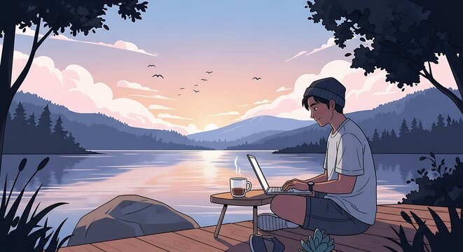 Man meditating at sunrise on mountain peak.