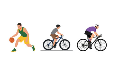 Naklejka premium Vector Illustration Set Featuring Diverse Athletic Individuals Engaged In Basketball And Cycling Sports Activities