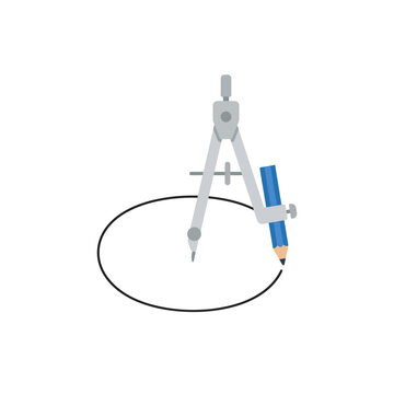 Flat illustration of a metal drafting compass drawing a circle with a blue pencil. Ideal for design, engineering, and geometry concepts.