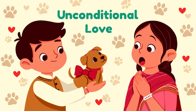 A boy gives a puppy as a gift, representing unconditional love and friendship