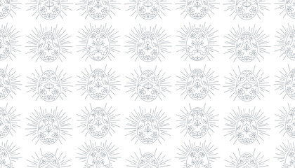 Fototapeta premium Minimalist Easter seamless pattern with thin line drawings of decorated Easter eggs on a pure white background.