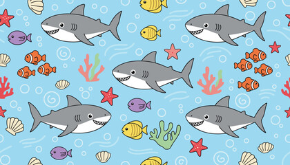 Naklejka premium Cute under the sea seamless pattern with friendly cartoon sharks, clownfish, starfish, and corals on a blue background.