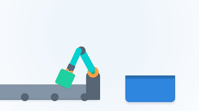 Automated Robotic Arm Sorting Colorful Cubes on Industrial Conveyor Belt.