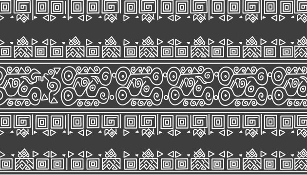 Native Aztec ethnic seamless pattern with ancient symbols and geometric lines drawn in white outline on a dark grey background.