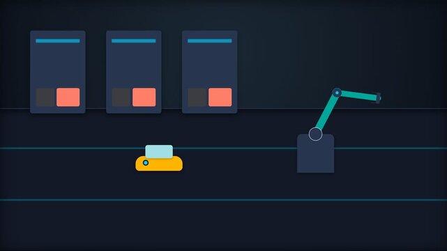 Automated Robotic Arm Moving Yellow Printer Along Industrial Factory Conveyor Belt.