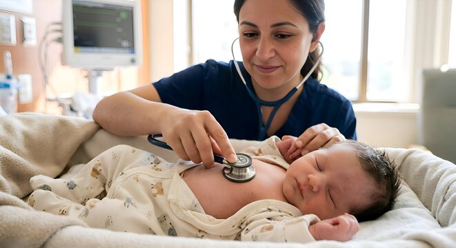 Nurse examines newborn baby resting in bassinet, close-up medical checkup
