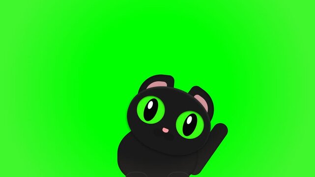 Cute Animated Black Cat Character Waving Hello on Green Screen Background.