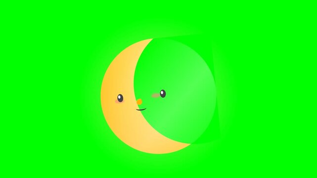 Cute Animated Crescent Moon Character Smiling on Green Screen Background.