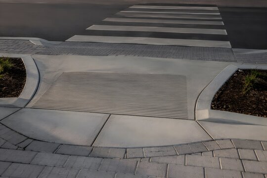 Wheelchair Curb Ramp Meets Smooth Pedestrian Crossing Seamlessly Highlighting Safe Accessible Urban Street Design Photography