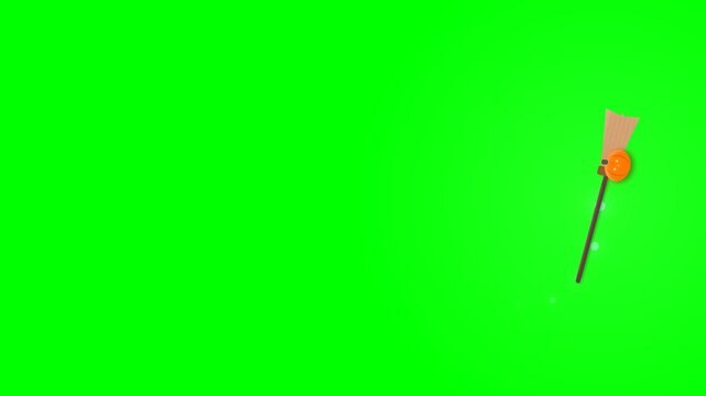 Animated Witch Broomstick Flying Across Green Screen Background.