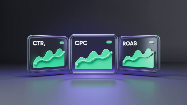 3D floating UI cards showing trending CTR CPC ROAS metrics