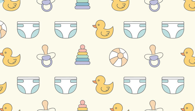 Adorable baby shower seamless pattern featuring rubber ducks, pacifiers, diapers, toy pyramids, and beach balls.