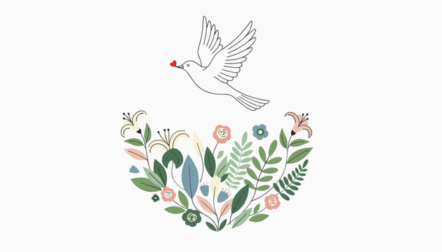 Peaceful white dove carrying a tiny red heart above a beautiful bouquet of wildflowers and green botanical leaves.