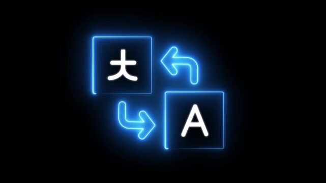 Language Translation Icon with Glowing Purple Neon Lines: Foreign Vocabulary Interpreter Sign, Global Communication Symbol, and Digital Education App Graphic Asset on Black Background..
