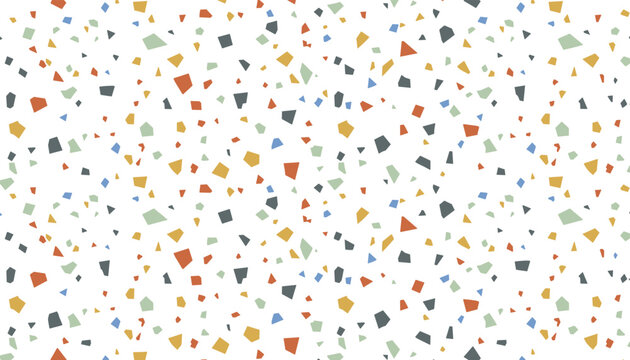 Elegant terrazzo seamless pattern with small colorful stone fragments scattered on a clean white background.