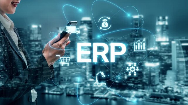 ERP platform visual showing centralized system for enterprise resource planning, improving integration, data flow, business efficiency, finance, inventory, and human resources. Muxer