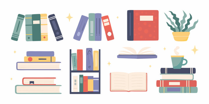 books stack colorful flat style illustration on white background bookshelf reading literature study education library knowledge learning vector graphic design