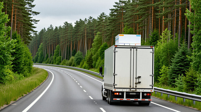White truck with reefer trailer travels on road through forest. Cargo truck carries goods on highway in spring nature. Trucking and logistics services.
