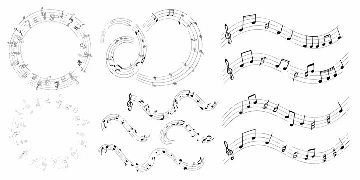 musical notes on curved staffs in black and white line art music notation clef symbol melody rhythm composition graphic design