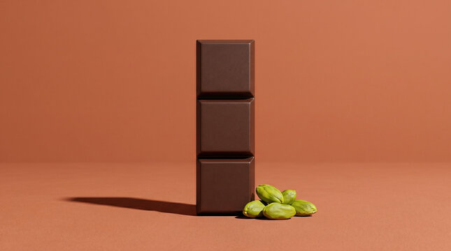 Minimalist product photo of a dark chocolate bar standing vertically next to green cardamom pods.
