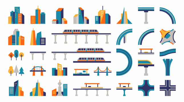 Flat vector city infrastructure icons with monorail trains and buildings