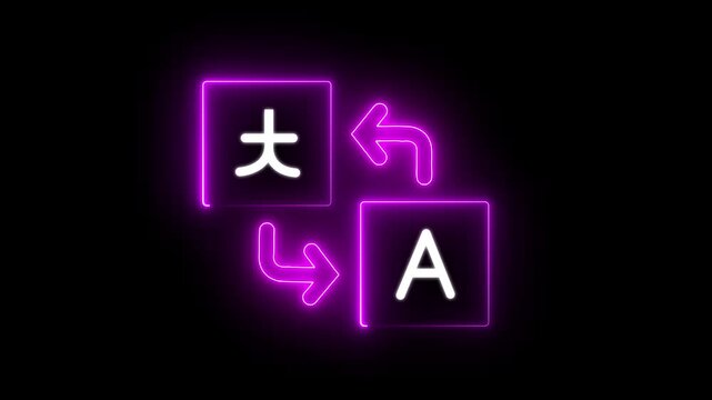 Language Translation Icon with Glowing Purple Neon Lines: Foreign Vocabulary Interpreter Sign, Global Communication Symbol, and Digital Education App Graphic Asset on Black Background..