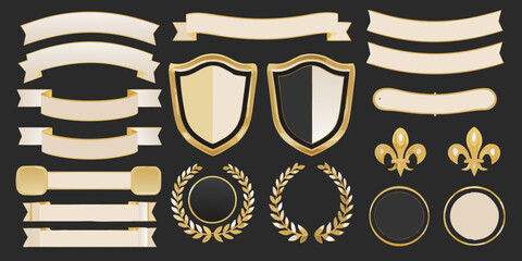 gold and black shields ribbons fleur de lis laurel wreaths vector set on dark background fleur de lis emblems badges decorative elements © Ripan