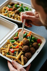Plakat Man eats healthy lunch from paper box. Male holds plastic fork for dinner of pasta with falafel plus fresh vegetables. Person sits at table for fast food takeaway meal. Worker enjoys nutritious