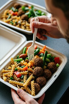 Man eats healthy lunch from paper box. Male holds plastic fork for dinner of pasta with falafel plus fresh vegetables. Person sits at table for fast food takeaway meal. Worker enjoys nutritious