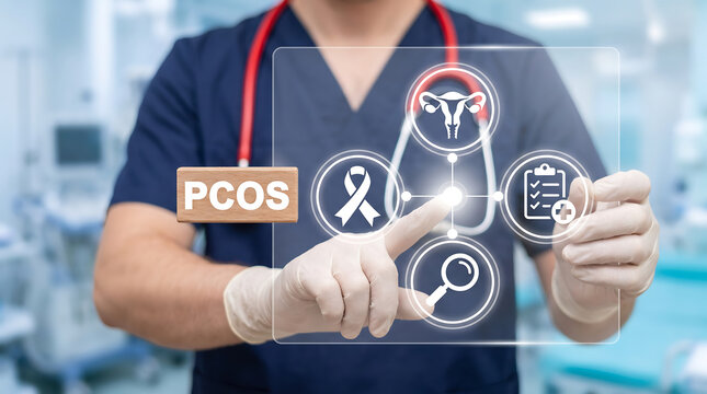 PCOS Polycystic Ovary Syndrome Health Care concept. Doctor holds wooden block with pcos abbreviation. New