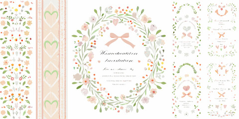 soft pastel floral invitation card with watercolor wreath flowers botanical ribbon greeting event celebration party wedding design illustration hand drawn © Ripan