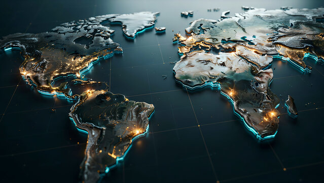 Glowing world map with illuminated cities and global connections on dark background, international business.