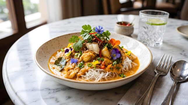 traditional Southern Thai Cuisine designed with elegant food styling, Gourmet Thai Crab Curry with Edible Flowers and Rice Vermicelli on Elegant Marble Table Setting