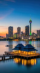 Obraz premium City skyline at dusk with waterfront pavilion and tower.