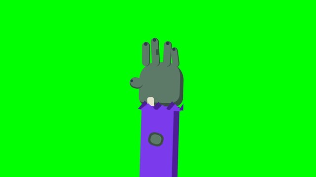 Animated Cartoon Zombie Hand Waving Hello on Green Screen Background.