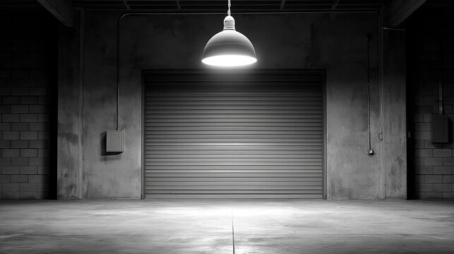 Moody monochrome industrial interior with closed roller shutter garage door brightly lit by single hanging dome lamp in empty concrete warehouse space