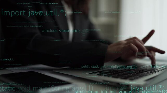 A focused programmer engaged in coding on a laptop, surrounded by floating programming code, illustrating the essence of software development in a modern workspace. Xenic