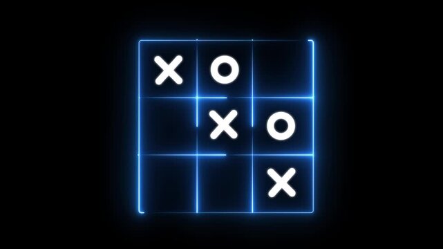 Glowing Neon Tic-Tac-Toe Grid Layout: Abstract Futuristic white X and O Crosses Noughts Symbol, Cyberpunk Interface Logic Puzzle, and Creative Gaming Board Overlay Element for Video.