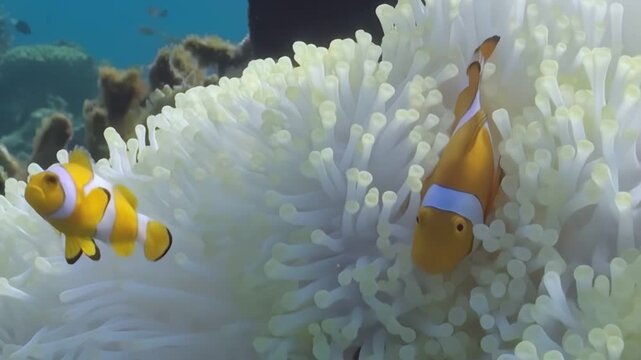 Delicate orange Clownfish find refuge within a soft, white Anemone on a radiant afternoon in Raja Ampat. A Black Tang also swims by, enhancing the ethereal underwater vista.
