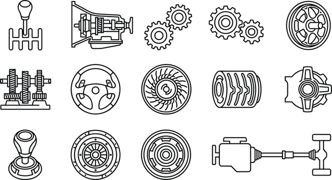 Car transmission drivetrain gearbox mechanism and automotive engineering line vector icon set on white background