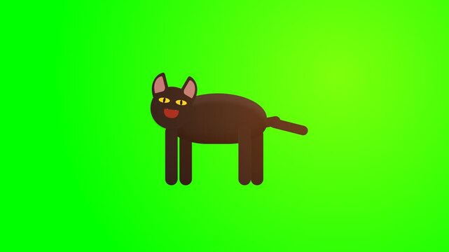 Animated brown cat character walking on a bright green screen background.