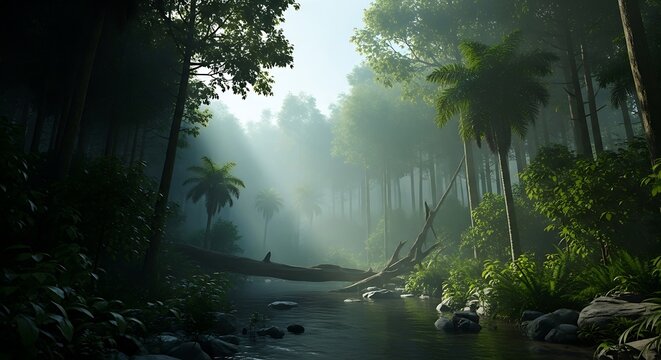Serene waterfall cascading through lush green forest.