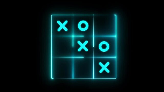 Glowing Neon Tic-Tac-Toe Grid Layout: Abstract Futuristic cyan X and O Crosses Noughts Symbol, Cyberpunk Interface Logic Puzzle, and Creative Gaming Board Overlay Element for Video.