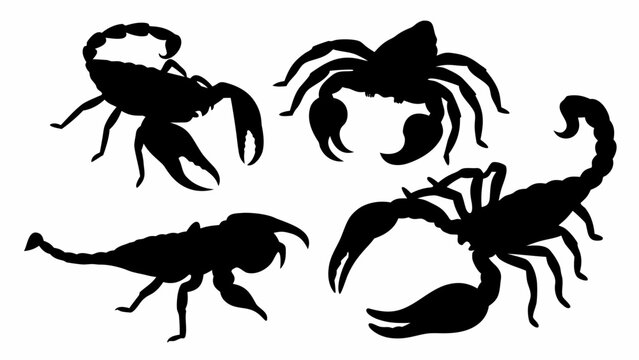 Set of detailed black silhouettes featuring scorpions and crab creatures isolated on white background